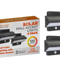 Architectural Outdoor Solar Wall Light With Motion Sensor 120 Lumens Dual Color Dual Action Aluminum Bronze 2 Pack displayed in packaging