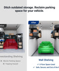 2 Pack 2x6ft Heavy Duty Garage Wall Shelves Set Black, wall-mounted storage with bins and tires, shown in garage before-after layout