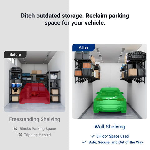 2 Pack 2x6ft Heavy Duty Garage Wall Shelves Set Black, wall-mounted storage with bins and tires, shown in garage before-after layout