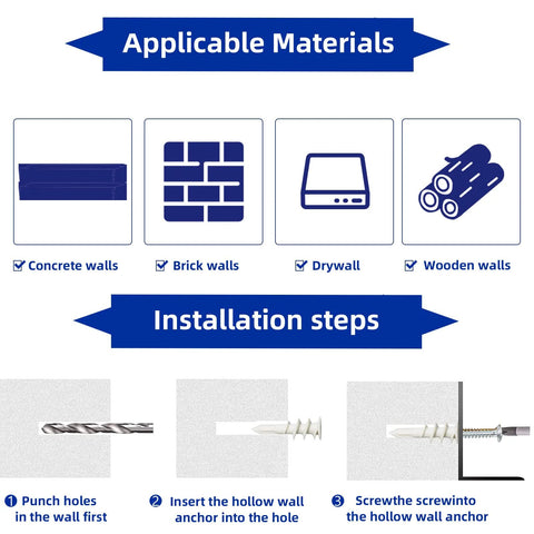 Infographic showing applicable materials and installation steps for the 260 Pcs Self Drilling Drywall Anchors Set With Nylon Plastic Wall Anchors And Screws For Drywall No Pre Drill Hole Preparation Required Three Sizes 10x35mm 13x42mm And 15x32mm Durable Zinc Steel Screws For Indoor Or Outdoor Use.