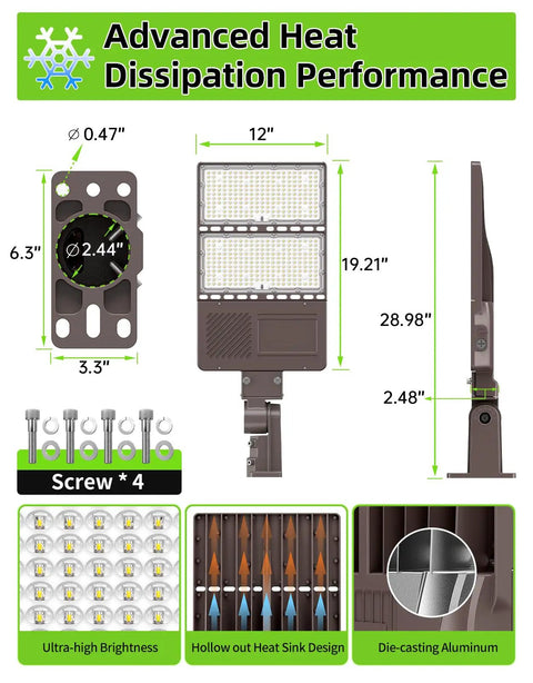 Dimensions and materials of 240W LED Parking Lot Light With Photocell, 36000LM Shoebox Flood Light for Dusk To Dawn