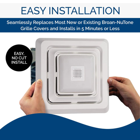 Hands holding Bluetooth Speaker Grille Cover For Bathroom Exhaust Fans With LED Light, Quick Five Minute Install