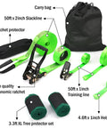Complete Slackline Kit With Training Line Tree Protectors Ratchet Protectors Arm Trainer Easy Setup Guide displayed on white background