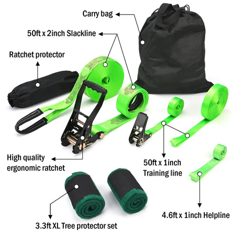 Complete Slackline Kit With Training Line Tree Protectors Ratchet Protectors Arm Trainer Easy Setup Guide displayed on white background