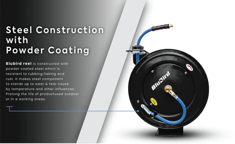 Retractable Air Hose Reel With Auto Rewind And Locking 12 Point Gearing, 3/8 Inch By 50 Foot Next Gen Rubber Hose, Ultra Light