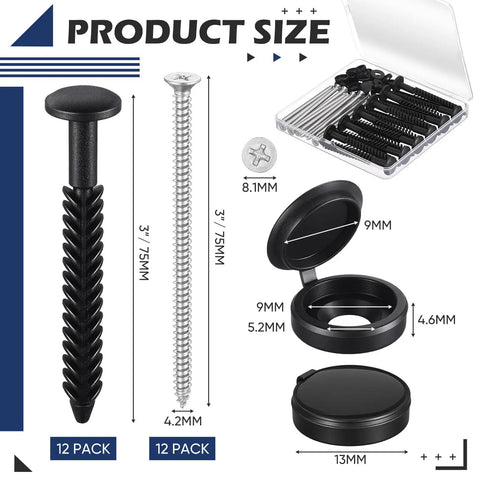 36 Pack Vinyl Shutter Fasteners Featuring Heavy Duty 3 Inch Stainless Steel And Black Plastic Spike Anchors With Secure Caps For Rock Solid Exterior Trim And A Zero Fuss Install, showcasing product size and components.