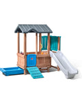 Woodland Adventure Playhouse With Slide And Swings Outdoor Kids Playset For Backyard Storage Drawer Durable Wood And Plastic Construction Jungle Gym Style Playground For Ages 3 To 8