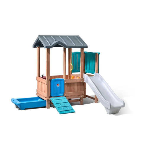 Woodland Adventure Playhouse With Slide And Swings Outdoor Kids Playset For Backyard Storage Drawer Durable Wood And Plastic Construction Jungle Gym Style Playground For Ages 3 To 8
