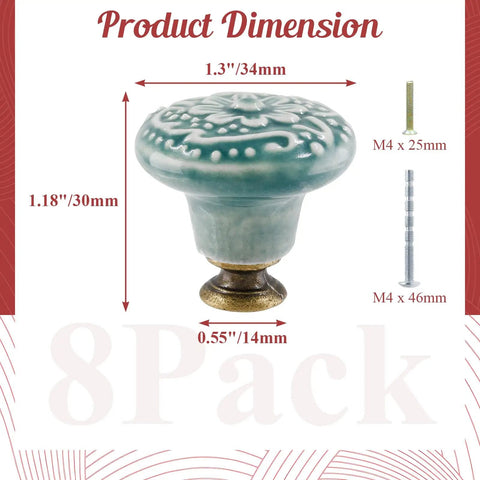 8-Piece Green Ceramic Knobs Set For Vintage Kitchen Cabinets And Dressers with size, mounting screws shown