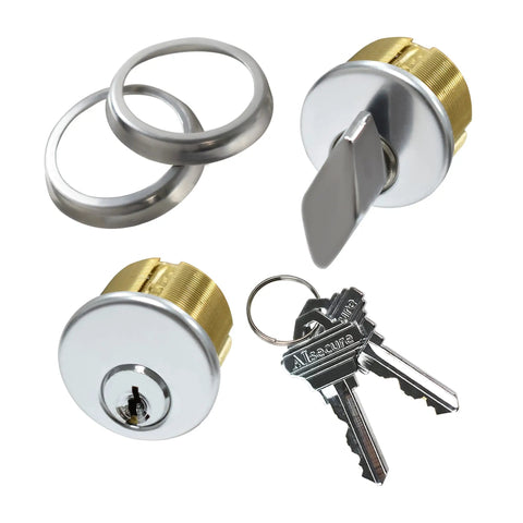Pro Grade Satin Chrome Mortise Door Lock Cylinder With SC Keyway And Thumbturn Keys Built To Last For Aluminum Storefront Doors And Shop Door Replacements Silver Finish, showing cylinder set with thumbturn and keys.