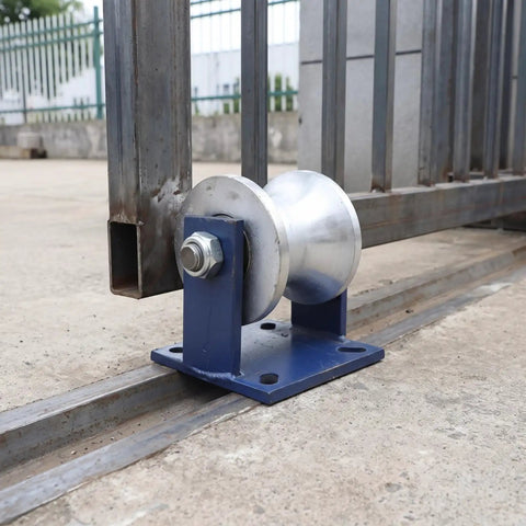 Smooth Operator V Shaped Gate Track Roller With Rock Solid 130X130mm Mounting Base positioned on metal track.