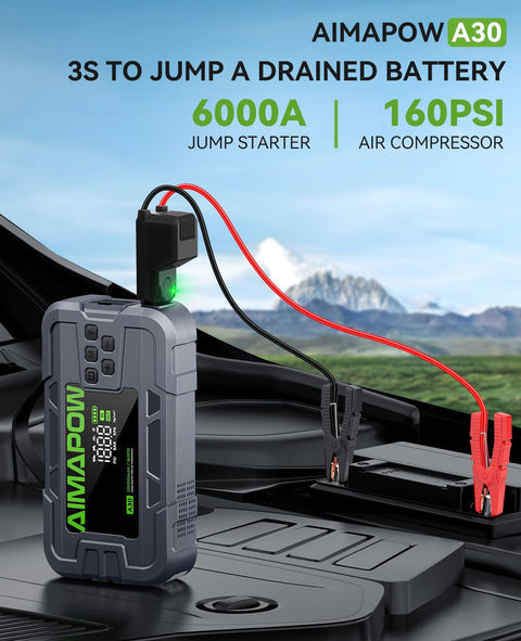 Beast Portable Car Jump Starter With Air Compressor 6000A next to open car hood, red and black cables connected, outdoors.
