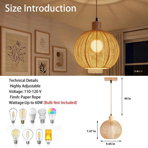 ZEORIVAX Rattan Pendant Light Fixture Bohemian Chandelier Large Semicircle with warm rattan shade in a cozy room