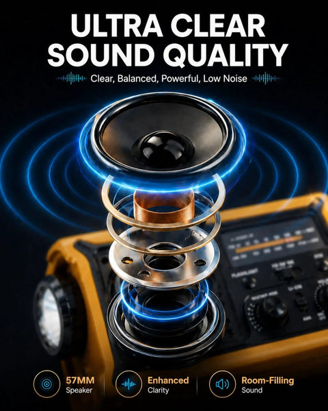 Ultra clear sound quality of Beefed Up Emergency Weather Radio With Hand Crank Solar Power And 12000mAh Battery showing 57mm speaker