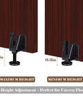 Heavy Duty Adjustable Furniture Levelers showing 2.3in maximum and 0.3in minimum height adjustment, ideal for leveling furniture.