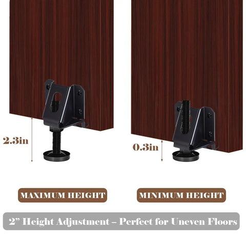 Heavy Duty Adjustable Furniture Levelers showing 2.3in maximum and 0.3in minimum height adjustment, ideal for leveling furniture.