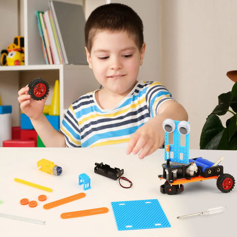 Child assembling Totally Cool STEM Kits For Kids Ages 6 To 12 With Solar Powered Car and robotics parts on table.