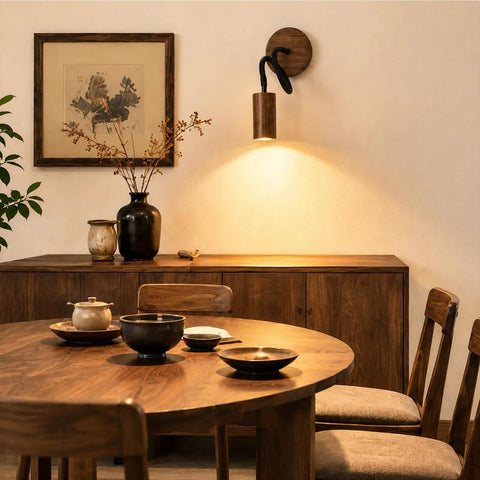 Adjustable Gooseneck Wall Sconce, Modern Wood Grain Wall Lamp illuminating a dining area with wooden decor and tableware.