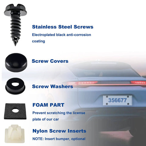 Stainless Steel Anti Theft License Plate Screws 8 Pack Black Tamper Proof Bolts, foam pad, screw covers, and nylon inserts shown.