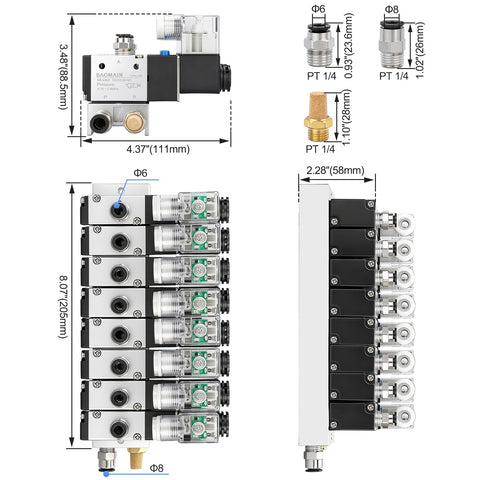 Top and side view of Workhorse Eight-Station Pneumatic Solenoid Valve Manifold Kit, 2-Position 3-Way Normally Closed, DC 24V with fittings