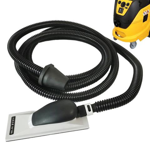 Heavy Duty Hand Planer Hose For Woodworking Dust Collection And Grit Extraction Featuring Hella Flexible Four Meter Vacuum Tube close-up of flexible black hose and attachment.