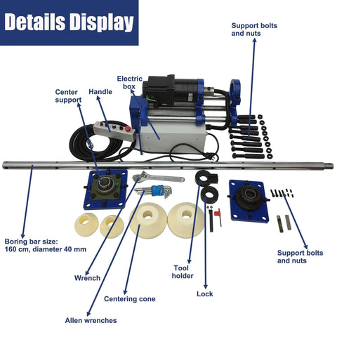 Front view of HQHAOTWU industrial line boring machine kit with 160 cm boring bar, 40 mm diameter, blue mounting plates