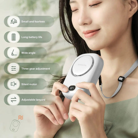 Woman using Portable Neck Fan USB Rechargeable 3 Speed Mini Personal Handheld Fan On The Go Travel Makeup Eyelash Care Outdoor Office