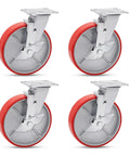 Heavy Duty 8 Inch Industrial Casters Set Of 4, 6000 Lb Rock Solid Build with red polyurethane wheels.