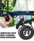 Crossbow Cocking Rope Device With Double Handle, Heavy Duty Drawstring Booster shown with cocked crossbow in archery setting.