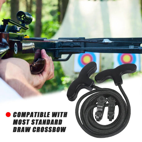 Crossbow Cocking Rope Device With Double Handle, Heavy Duty Drawstring Booster shown with cocked crossbow in archery setting.