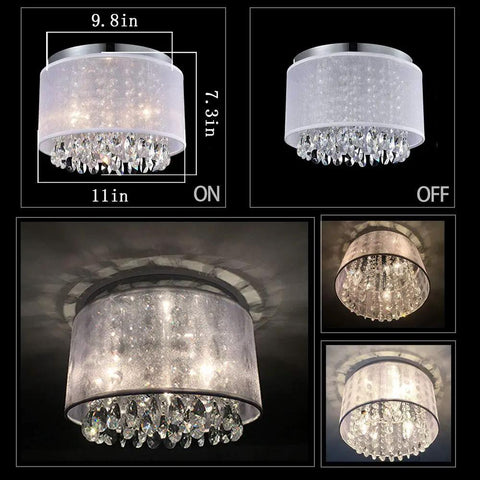Chic Net Yarn Drum Chandelier Three Light White Crystal Ceiling Fixture For Bedroom Easy Five Minute Mount Dimmable With Dimmer Switch