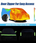 Heavy Duty Waterproof Car Cover For Your Classic Beetle Bug 1960 To 1980 2 Door Sedan Up To 167 Inches Long With 210T High Density Polyester Taffeta All Weather Outdoor Protection featuring reflective stripes and door zipper.