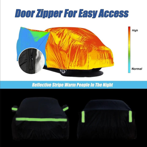 Heavy Duty Waterproof Car Cover For Your Classic Beetle Bug 1960 To 1980 2 Door Sedan Up To 167 Inches Long With 210T High Density Polyester Taffeta All Weather Outdoor Protection featuring reflective stripes and door zipper.