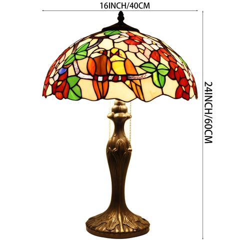Tiffany Style Double Birds Stained Glass Table Lamp With 16 Inch Shade And 24 Inch Height, Antique Green Bronze Metal Base