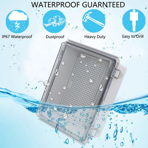 LuSumtly waterproof junction box ABS plastic, hinged clear cover and stainless steel latch; includes mounting plate
