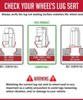 Diagram showing compatibility of Beefy Locking Lug Nut Set With Key For M14 Threads Five Lug Nuts With Bulge End One Point Six Five Inch Long Black Finish Includes Dual Hex Keys Fits Most Jeep Wranglers And Aftermarket Wheels with different wheel seats.