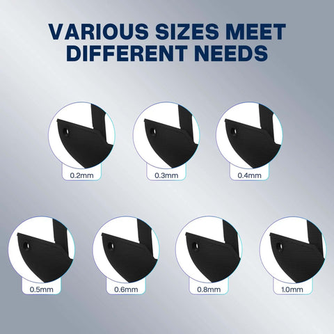 MK8 Brass 3D Printer Nozzle Set All In One Upgrade Kit size chart showing 0.2mm to 1.0mm nozzles variety for Neptune 3 Series