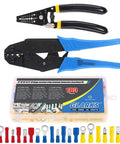 All-In-One Pro-Grade Self-Adjusting Ratchet Wire Crimp Pliers Set With AWG 22-10 Range and terminals, wire stripper, connectors