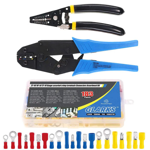 All-In-One Pro-Grade Self-Adjusting Ratchet Wire Crimp Pliers Set With AWG 22-10 Range and terminals, wire stripper, connectors