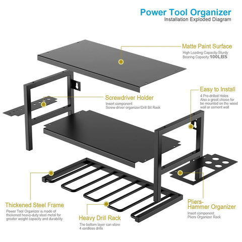 Exploded diagram of Heavy Duty 3 Layer Power Tool Organizer Wall Mount Rack For Cordless Drills And Tools 2 Pack