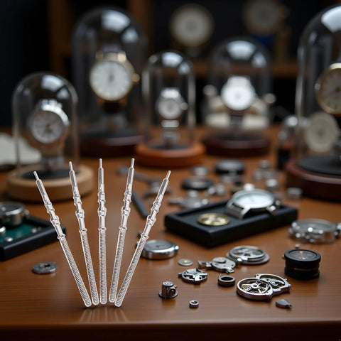 Five Piece Silver Steel Watch Stem Crown Kit For NH35 NH36 NH38 NH39 Movements on wooden table with watch parts