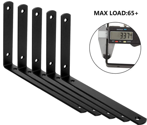 10 Pack Black Cast Iron L Shelf Brackets Heavy Duty Corner Braces Support Sixty Six Pounds Rust Resistant Wall Mount Hardware For Seven Inch Boards.