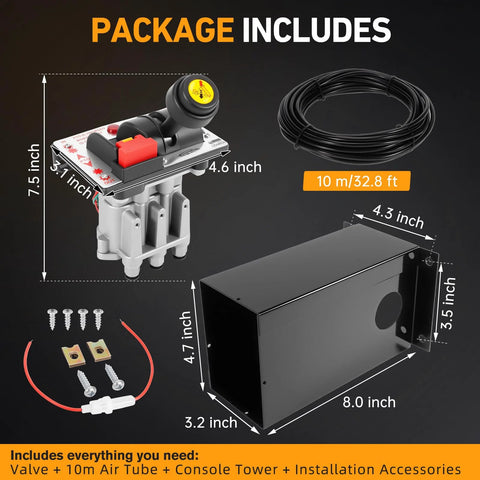 PTO Hoist Air Control Kit With Kickout And K90 Valve For Dump Trucks 10m Tube includes valve, air tube, console tower, and accessories.
