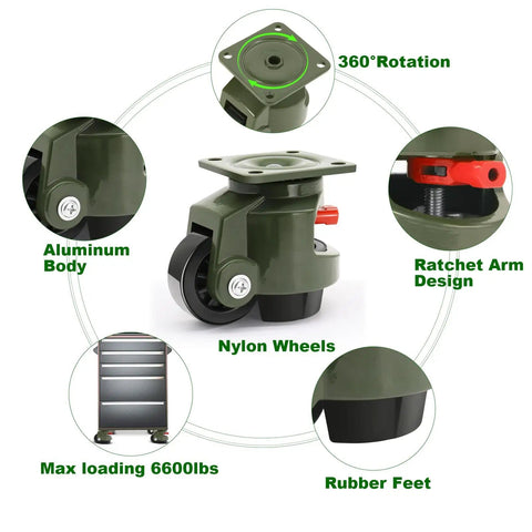 Heavy Duty Leveling Casters With Ratchet Arm Set Of 4, 6600 Lb Capacity, Retractable Height Adjustment, Nylon Wheels, Green, Ideal For Moving Heavy Equipment And Machines With A Smooth Roll