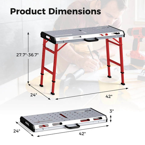 Portable Welding Table 42 By 21 Inches Folding Height Adjustable Top With Beefy 1000 Lbs Capacity shown in extended and folded views