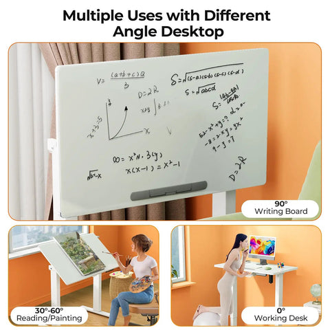Liftsync 35 Inch Glass Standing Drafting Table With 90 Degree Tilt Adjustable Height For Art Painting And Drawing Foldable Workstation Desk Space Saving Design used as a writing board.