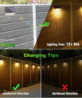 8 Pack Solar Fence Lights With Warm White And RGB Glow Modes Waterproof IP65 Outdoor Lights showing charging and lighting time