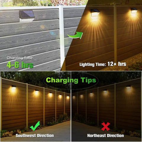 8 Pack Solar Fence Lights With Warm White And RGB Glow Modes Waterproof IP65 Outdoor Lights showing charging and lighting time