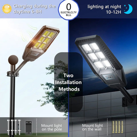 Solar Street Light Outdoor 300W Two Pack 25000 Lumens IP66 Waterproof Flood Light with Dusk to Dawn Motion Sensor on pole and wall