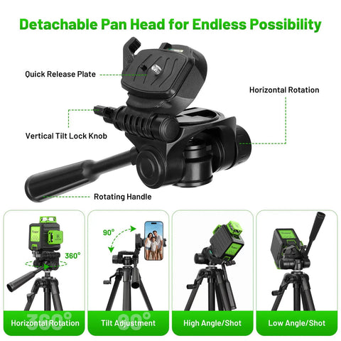 Pro Grade Adjustable Laser Level Tripod Extends Up To 62 Inch For 3D 4D And Line Lasers with detachable pan head, diagram showing rotation angles.